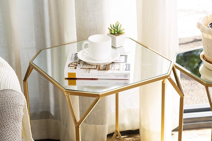 Glitzhome Modern Nesting Tables, Set of 2 Coffee Table with Tempered Glass Top, Side/End Tables for Living Room Bedroom, Accent Tea Tables with Metal Frame - Golden