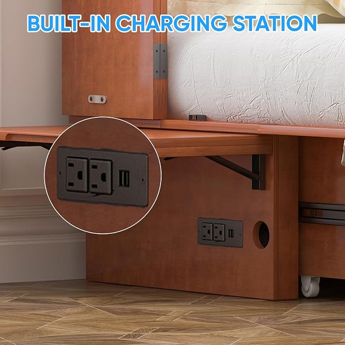 PUREMIND Queen Murphy Bed, Hideaway Murphy Cabinet Bed with 2 Storage Drawers, Space-Saving Chest Beds with USB Charging Ports and Headboard for Bedroom, Guest Room