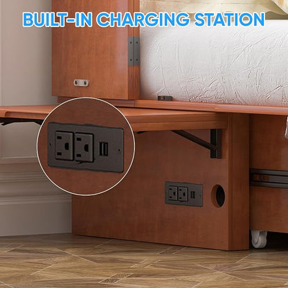 PUREMIND Queen Murphy Bed, Hideaway Murphy Cabinet Bed with 2 Storage Drawers, Space-Saving Chest Beds with USB Charging Ports and Headboard for Bedroom, Guest Room