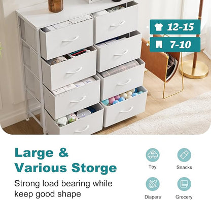 OLIXIS 8 Drawer Storage Dresser with Wood Top - Wide Fabric Chest Organizer for Bedroom, Closet, Living Room,Tower Cabinet, TV Stand, Hallway Entryway Furniture,White