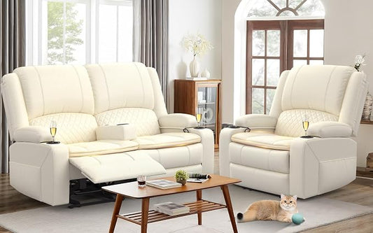 Yolsali Loveseat Recliner Sofa Set with 2-Tier Cushion, 2+1 Pieces in Living Room, 2 Seater Reclining Loveseat Leather with Removable Console, 1 Oversize Recliner Chair Sofa Seat - White PU