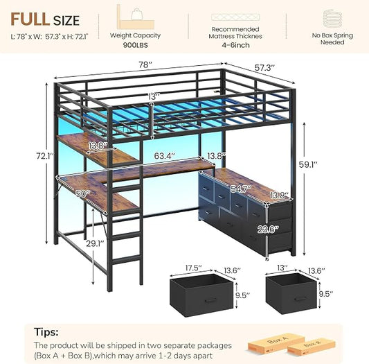 DICTAC Full Loft Bed with U-Shaped Desk,7 Storage Drawers and Charging Station,Metal Full Size Loft Bed with Led Lights and 2-Tier Storage Shelves,Teen loft Beds with Safety Guardrail & Stairs,Black