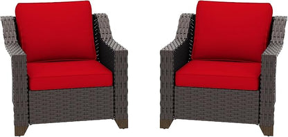 Patio 2 Pieces Wicker Chairs Set of 2，Outdoor PE Rattan Armchairs, Water-Resistant Cushions with Removable and Washable Covers, Porch, Balcony, Sunroom (Red)
