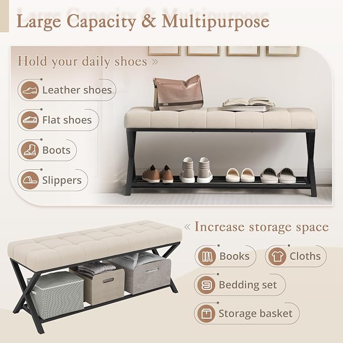 LUE BONA 44.5” End of Bed Bench with Shelf, Linen Tufted Upholstered Storage Shoe Bench, Modern Bedroom Bench with Metal Legs for Living Room, Entryway, Dining Room, 300 LB, Linen Color