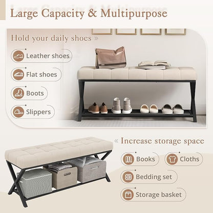 LUE BONA 44.5” End of Bed Bench with Shelf, Linen Tufted Upholstered Storage Shoe Bench, Modern Bedroom Bench with Metal Legs for Living Room, Entryway, Dining Room, 300 LB, Linen Color