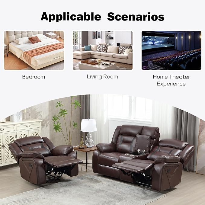 EBELLO Manual Recliner Sofa Set, Faux Leather Reclining Living Room Furniture Set, Included Single Recliner Chair and Manual Loveseat Sofa, Dark Brown