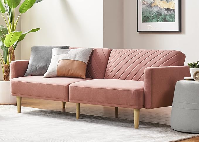 mopio 76.4" Futon Sofa Bed, Couch, Loveseat, Sleeper Sofa, Mid Century Modern Futon Couch, Sofa Cama, Couches for Living Room (Old Rosa Velvet)
