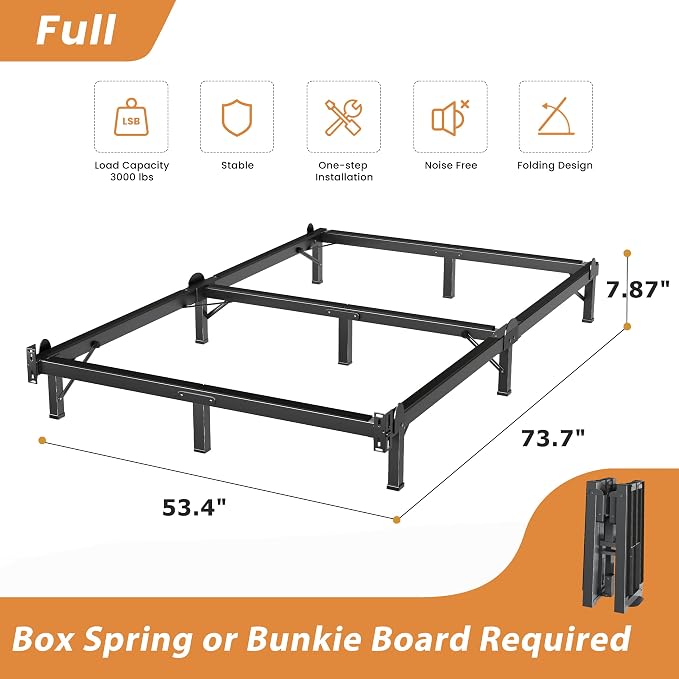 MAF Metal Bed Frame Full 8 Inches, 9-Legs Support Bed Base, Full Bed Frame for Box Spring and Mattress, Basics Bed Frame Headboard Attachable Tool-Free Easy Assembly, Black