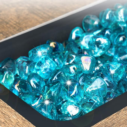 GASPRO 10 Pound Fire Glass Diamonds 1 Inch, Fire Pit Glass Rocks for Gas Fireplace and Fire Pit, Caribbean Blue, High Luster
