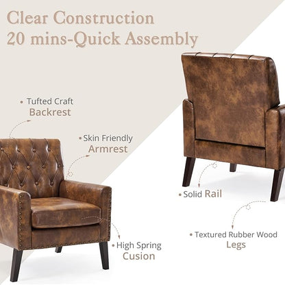 LUE BONA Yellowish Brown Faux Leather Accent Chairs Set of 2 18.5" H, Button Tufted Arm Chairs, Comfy Living Room Chair with Arms, Upholstered Modern Armchair for Living Room, Bedroom