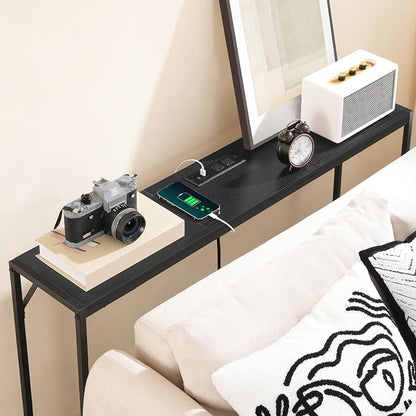 MAHANCRIS 43.7”Console Table with Outlet, Narrow Sofa Table with Charging Station, Entryway Table with Display Shelf, Behind Couch Table, Long Sofa Side Table, Living Room, Hallway, Black CTHB112E01