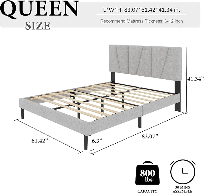HAOARA Queen Size Bed Frame with Fabric Upholstered Headboard, Platform Bed with Wooden Slats Support, Fully Mattress Foundation, Box Spring Optional, Easy Assembly, Light Grey