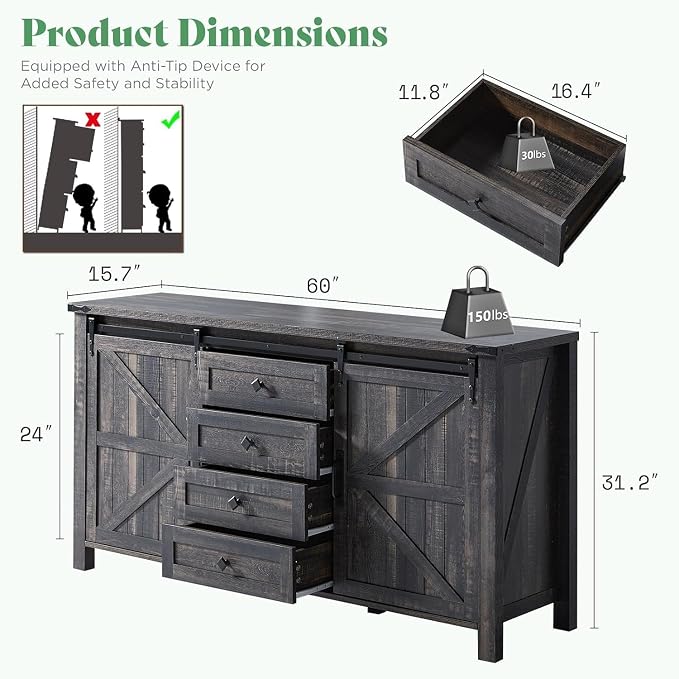 AMERLIFE 3-Piece Farmhouse Bedroom Furniture Set with Dresser and 2 Nightstands, Sliding Barn Door Wood Storage Set for Bedroom and Dining Room, Black Oak