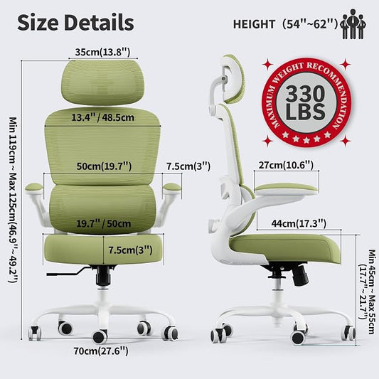 TRALT Office Chair Ergonomic Desk Chair, 330 LBS Home Mesh Office Desk Chairs with Wheels, Comfortable Gaming Chairs (1, Green)