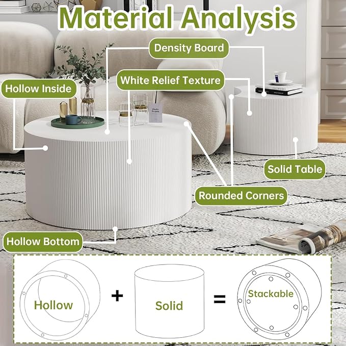 Round Nesting Coffee Table Modern White Fluted Coffee Table Set of 2 Stripe Cream Round Coffee Tables Drum Crescent Side Table Accent End Table for Living Room (White A Large)