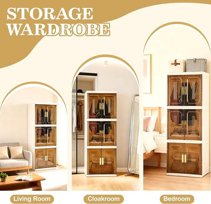 SAYMA 3 Layer Portable Wardrobe Closet Pet, Pet Collapsible Clothes Storage Organizer, White Plastic Foldable Wardrobe Cabinet with Doors & Wheels (3 Layer)