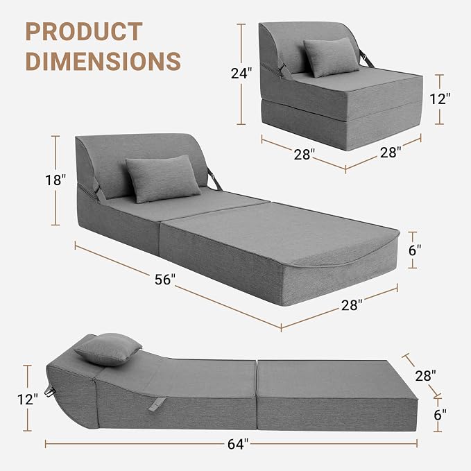 BeBen Folding Sofa Bed Chair, Convertible Sleeper Chair Futon Couch, Foldable Boneless Floor Lounge Sofa, Single Foam Chair Bed for Small Spaces, Dorm, Guest Room, Living Room, Apartment, Dark Grey