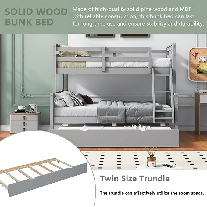 Merax Trundle Bunk Bed, Twin Over Full Wood Bunk Bed with Twin Size Trundle and Ladder, 3-in-1 Convertible to 2 Separate Beds, Solid Wood Frame with Guardrail, Grey