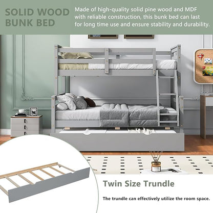 Merax Trundle Bunk Bed, Twin Over Full Wood Bunk Bed with Twin Size Trundle and Ladder, 3-in-1 Convertible to 2 Separate Beds, Solid Wood Frame with Guardrail, Grey