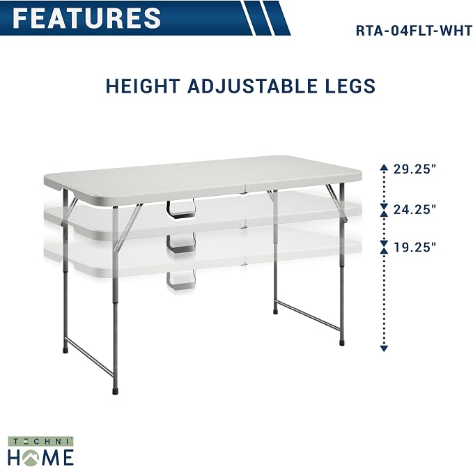 Height Adjustable 4 FT Granite White Folding Table – Premium 4 Foot Folding Table Ideal for Camping, Picnic, Party or as Kids Table | Adjustable height, indoor/outdoor use, camping, picnic, parties, kids table, folding legs, durable resin top, carry ha...