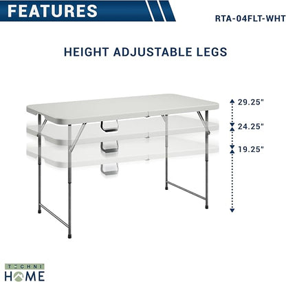 Height Adjustable 4 FT Granite White Folding Table – Premium 4 Foot Folding Table Ideal for Camping, Picnic, Party or as Kids Table | Adjustable height, indoor/outdoor use, camping, picnic, parties, kids table, folding legs, durable resin top, carry ha...