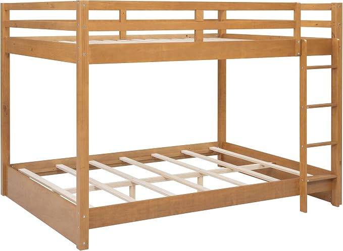 Merax Queen Size Bunk Bed - Solid Pine & MDF Frame, Heavy Duty 600lb Capacity, Space Saving Design with Safety Guard Rails & Ladder, No Box Spring Needed,Wood Color