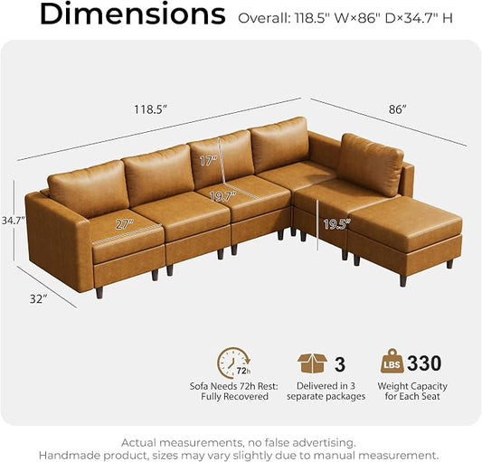 ABCASA Faux Leather Sectional, Modular Sectional Sofa with Storage Seats, 6 Seat Faux Leather Modular L Shaped Couches with Movable Ottoman for Living Room,Brown