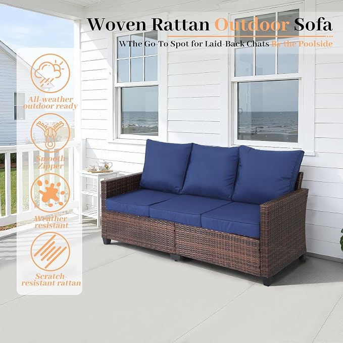 EortheX 3-Seat Rattan Wicker Outdoor Patio Sofa Garden Deck Porch, Blue | weather-resistant PE rattan,quick-dry anti-slip cushions,for garden/deck/porch,rust-resistant frame,easy assembly,small space