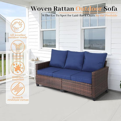 EortheX 3-Seat Rattan Wicker Outdoor Patio Sofa Garden Deck Porch, Blue | weather-resistant PE rattan,quick-dry anti-slip cushions,for garden/deck/porch,rust-resistant frame,easy assembly,small space