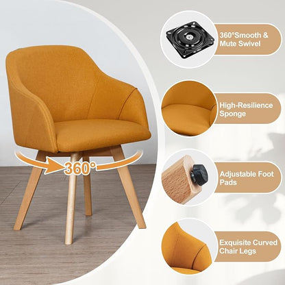 Swivel Dining Chairs Set of 6, Linen Fabric Upholstered Dining Chairs with Arms and Wood Legs, Mid Century Modern Kitchen Chairs for Dining Room Living Room, Comfortable Large Seat, Yellow
