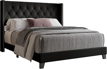 HOME DESIGN Homer Queen Tufted Wingback Upholstered Panel Bed with 2 Matching 1 Drawer Nightstands, Bedroom Furniture Set with Open Shelf Storage, Black Black