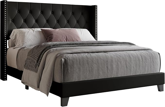 HOME DESIGN Homer Full Tufted Wingback Upholstered Panel Bed with 2 Matching 1 Drawer Nightstands, Bedroom Furniture Set with Open Shelf Storage, Black Black