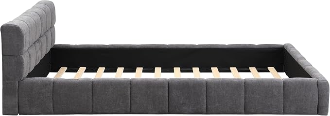 Merax Queen Size Elegant Chenille Upholstered Platform Bed with Thick Headboard and Footboard, Checkerboard Design Upholstery Grounded Bed Frame, Gray