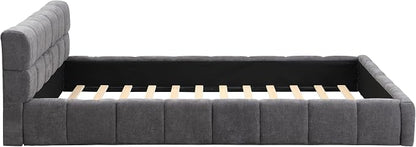 Merax Queen Size Elegant Chenille Upholstered Platform Bed with Thick Headboard and Footboard, Checkerboard Design Upholstery Grounded Bed Frame, Gray