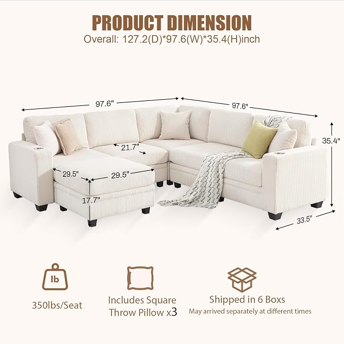 97" Modular Sectional Sofa with Storage, Corduroy 6-Seater V-Shaped Sofa with Ottoman Chaise, Convertible L-Shaped U-Shaped Cloud Sectional Couches for Living Room, Apartment