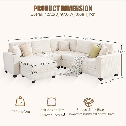 97" Modular Sectional Sofa with Storage, Corduroy 6-Seater V-Shaped Sofa with Ottoman Chaise, Convertible L-Shaped U-Shaped Cloud Sectional Couches for Living Room, Apartment