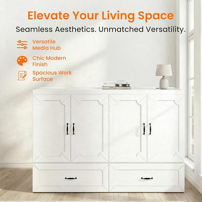 CECER Queen Murphy Bed with Mattress for Small Space/Guest-White | Large Storage Drawer ＆ Built-in Multi-Port Charging Station，Space Saving ＆ Easy Assemble and Conversion
