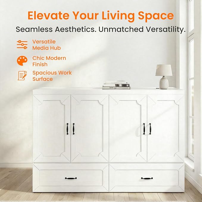 CECER Queen Size Murphy Bed，Murphy Cabinet Bed Queen with Charging Station ＆ Storage Drawer for Small Spaces/Guest Room（White）