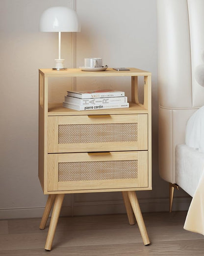 JOONEE Rattan Nightstand,Farmhouse Bedside Table with 2 Storage Drawer and Open Wood Shelf, for Bedroom and Small Spaces,Night Stand with Solid Wood Legs (Yellow Oak)
