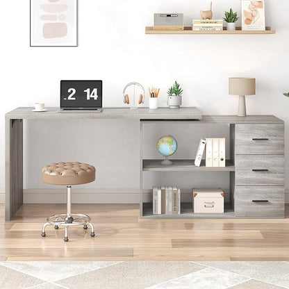 HSH L Shape Desk with Drawers, L-Shaped Desk with Storage Cabinet Shelves, Home Office Corner Computer Desk for Executive Writing, Modern Wood Study PC Table in Bedroom Living Room, Grey Oak, 55 Inch