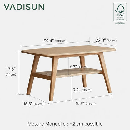 100% Solid Wood Coffee Table for Living Room, 39.37" Mid Century Modern Small Tables with Shelf Storage, 2-Tier Coffee Table with Rounded Corners (Oak Wood Log Color, 39.37" L)