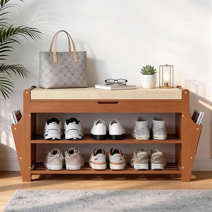 oakvivo 34.3in Shoe Bench, Bamboo 3-Tier Entryway Bench with Storage, Shoe Rack Organizer Holds Up to 330 lb, 34.3 x 11.8 x 18.9 Inches for Entryway Bedroom Closet Living Room Hallway