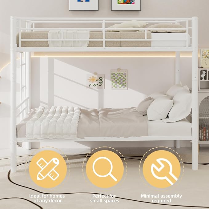 Metal Twin Over Twin Bunk Bed, Heavy-Duty Metal Bunk Bed, Noise Reduced Design/Safety Guardrail/2 Side Ladders/No Box Spring Needed (White)