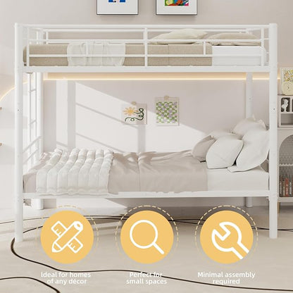 Metal Twin Over Twin Bunk Bed, Heavy-Duty Metal Bunk Bed, Noise Reduced Design/Safety Guardrail/2 Side Ladders/No Box Spring Needed (White)