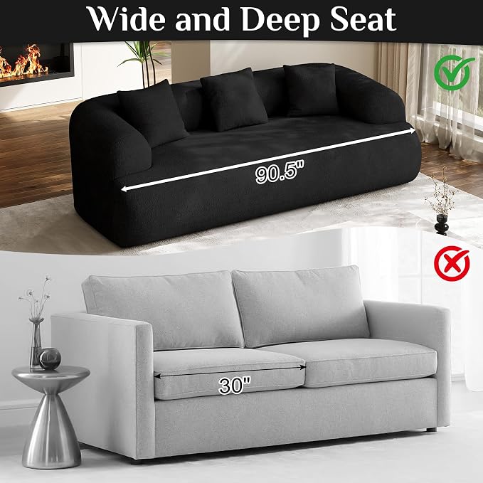 Oversized Sectional Sofa for Living Room, Modern Luxury Plush Chenille 3-Seater Extra Deep & Wide Seat Curved Cloud Couch with 3 Throw Pillows, No Assembly Needed, Black（91 inch）