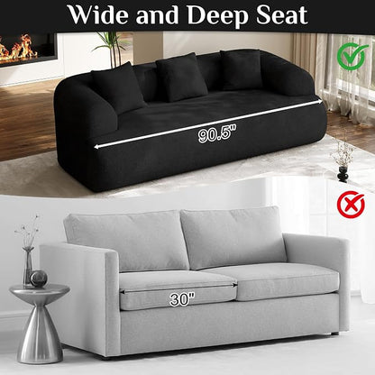Oversized Sectional Sofa for Living Room, Modern Luxury Plush Chenille 3-Seater Extra Deep & Wide Seat Curved Cloud Couch with 3 Throw Pillows, No Assembly Needed, Black（91 inch）