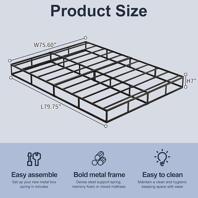 Box Spring, Metal Frame Mattress Foundation with Fabric Cover, Easy Assembly, Noise-Free (7 Inch, King)