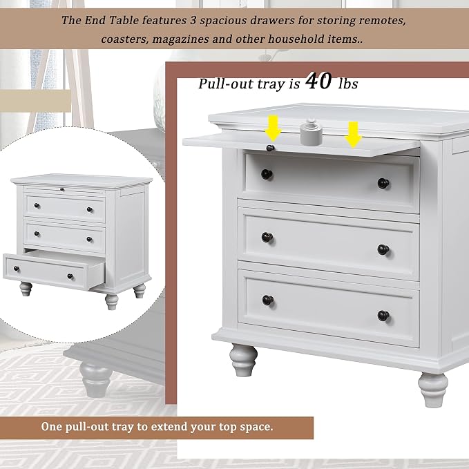 Merax Nightstand with Drawers Set of 2, Wood Bedside End Table with Pull Out Tray, White(No Guide Rails)