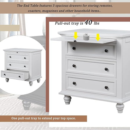 Merax Nightstand with Drawers Set of 2, Wood Bedside End Table with Pull Out Tray, White(No Guide Rails)