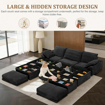 Upgrade Boneless Couch with Storage, Extra Deep&High Seat Modular Sectional Sofa 3 Seater U Shaped Cloud Couch with Ottoman, Tool-Free Assembly Sectional Couches for Living Room